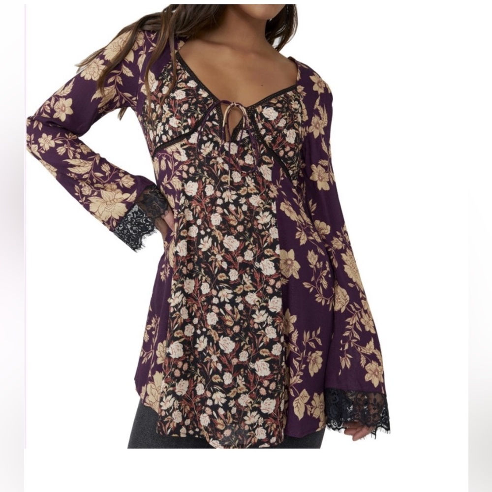 NWT Free People Odette Printed Tunic / Espresso Combo